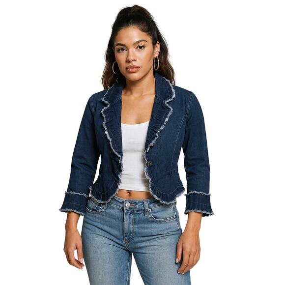 Pewter 90s Y2K Denim Cropped Ruffle Blazer Jacket Women’s M J.Lo Streetwear - Picture 1 of 13